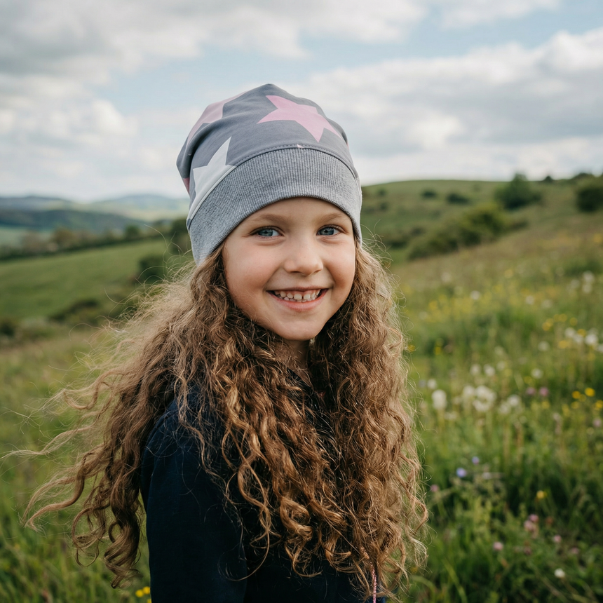 Mädchen in Wiese mit Wollhuhn Dünne Öko Beanie-Mütze Sommer/Übergang Einlagig Big Stars Sterne Grau, lächelnd, zeigt bequemen Sitz und handgemachte Qualität.
