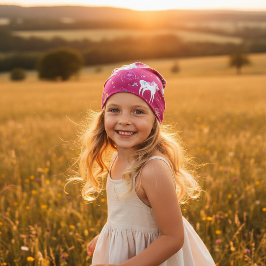 Mädchen trägt Wollhuhn Öko Shorties/Wendemütze mit Einhörnern in Beere, lächelt in sonnenbeschienener Wiese. Ideal für aktive Kinder, handgemacht in Deutschland.