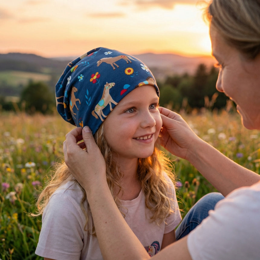 Wollhuhn Öko Long Beanie / Wendemütze, Ganzjährig, Zweilagig, Pony Blau