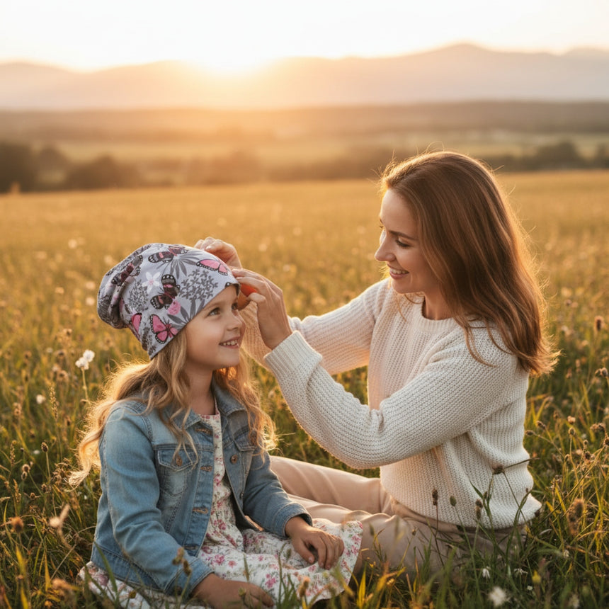 Frau passt dem lächelnden Mädchen im Blumenfeld eine Wollhuhn Öko Long Beanie / Wendemütze an. Handgemacht, zweilagig, mit Schmetterlingsmuster, ideal für Frühling und Herbst.