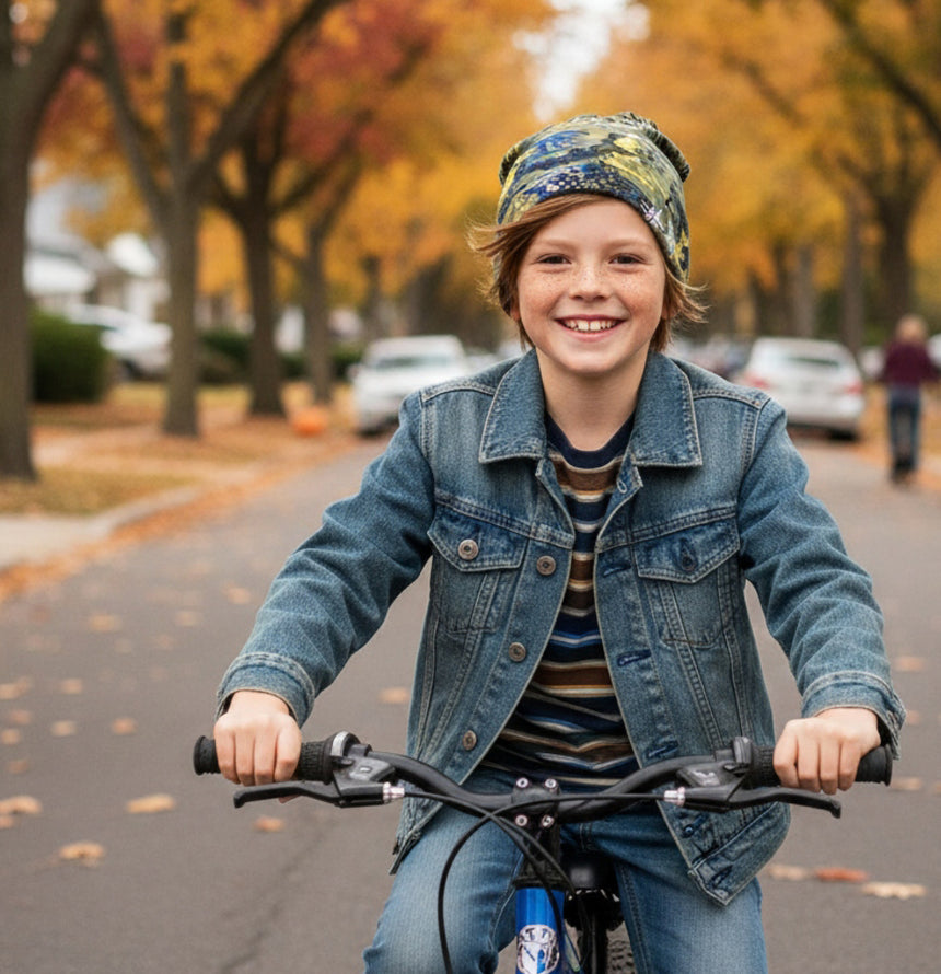 Kind mit rotem Haar und Sommersprossen trägt eine Wollhuhn Öko Long Beanie, lässig auf einem Fahrrad fahrend, herbstliche Straße im Hintergrund.