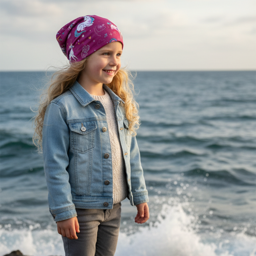 Mädchen am Meer trägt Wollhuhn Öko Long Beanie, pink mit Einhörnern, locker fallend, ideal für Übergangswetter, handgemacht, zweilagig für vielseitigen Look.