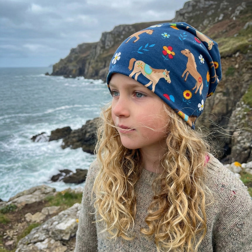 Wollhuhn Öko Long Beanie / Wendemütze, Ganzjährig, Zweilagig, Pony Blau