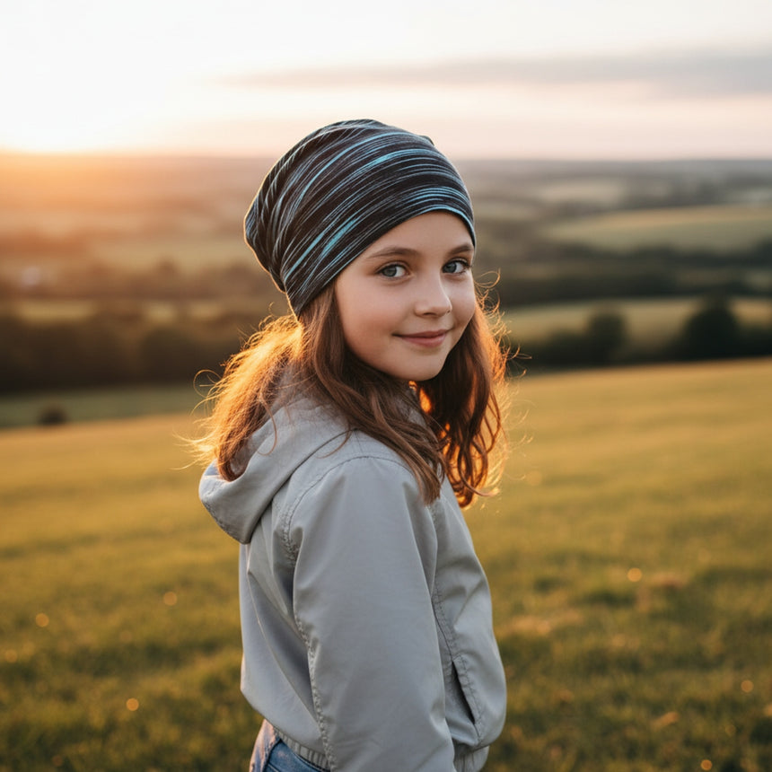 Mädchen trägt Wollhuhn Öko Long Beanie, Lines Schwarz/Türkis, bei Sonnenuntergang im Feld. Handgemacht, zweilagig, wendbar und ideal für Frühling bis milde Winter.
