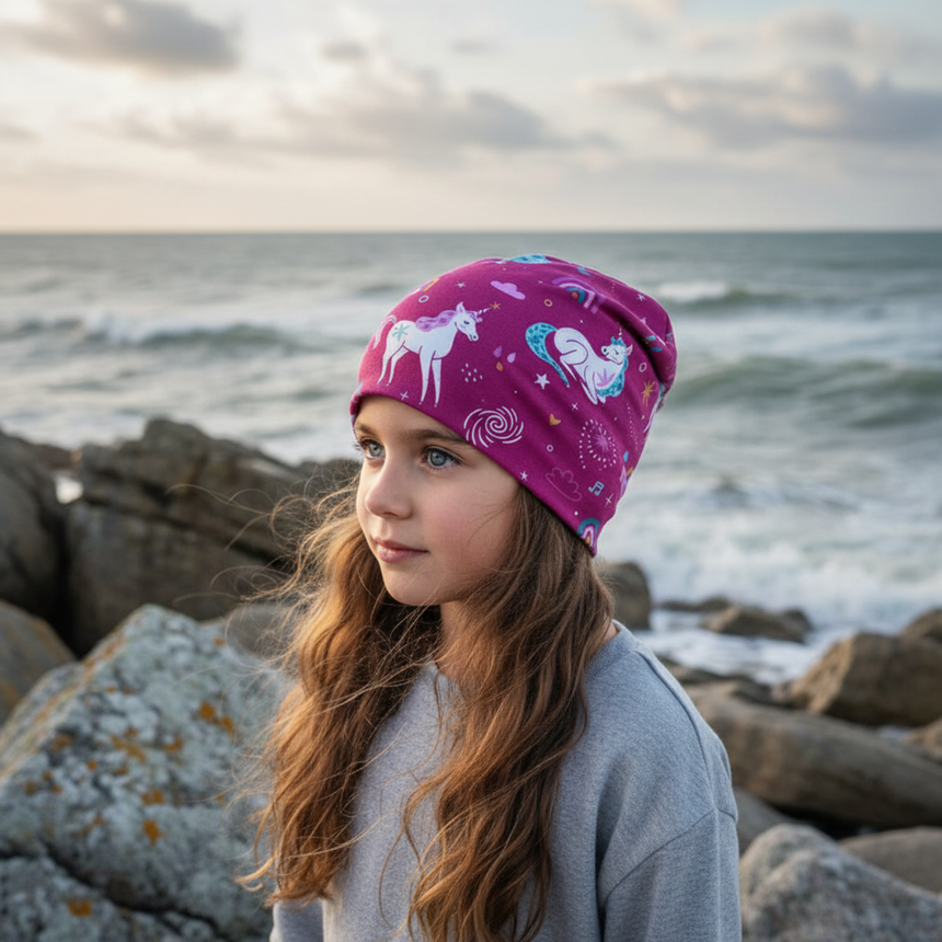 Mädchen am Meer trägt Wollhuhn Öko Shorties / Wendemütze mit Einhornmotiv, ideal für Kinder. Handgemacht, zweilagig, bequem und stylisch für jede Jahreszeit.