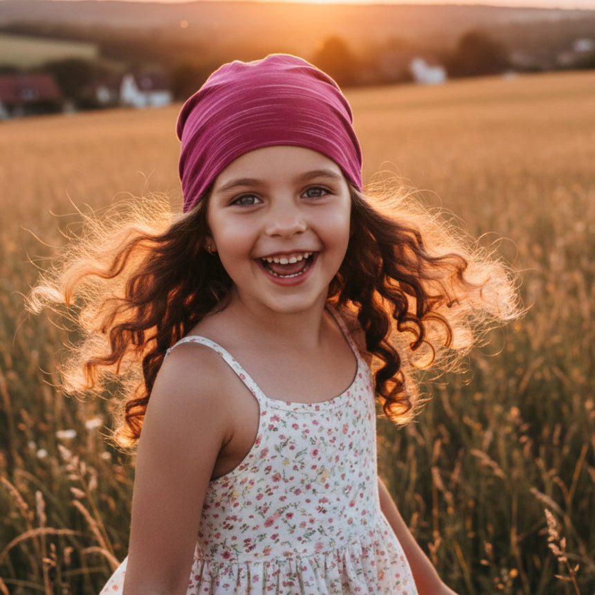 Mädchen mit lockigem Haar trägt eine Wollhuhn Öko Shorties / Wendemütze, Ganzjährig, Zweilagig, Lines Beere in einem sonnigen Feld, lächelt fröhlich in die Kamera.