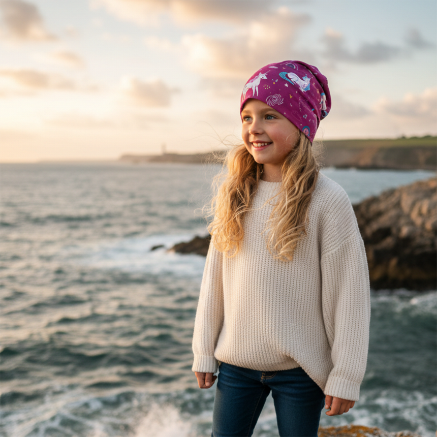 Mädchen am Meer bei Sonnenuntergang trägt Wollhuhn Öko Long Beanie, zweilagig, mit Einhornmuster, für lässigen Look, ideal für Kinder, handgemacht in Deutschland.