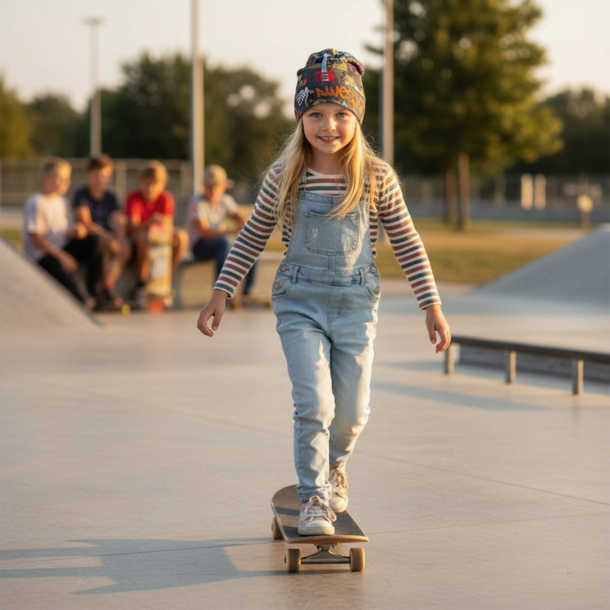 Mädchen mit Wollhuhn Öko Long Beanie fährt Skateboard im Skatepark bei Sonnenuntergang, umgeben von Kindern. Lässiger, bequemer Stil, handgemacht aus Öko-Jersey.