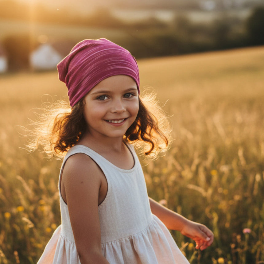Mädchen in Feld trägt Wollhuhn Öko Long Beanie, Wendemütze, zweilagig für das ganze Jahr, stilvoller und bequemer Look, perfekt für Übergangszeiten.