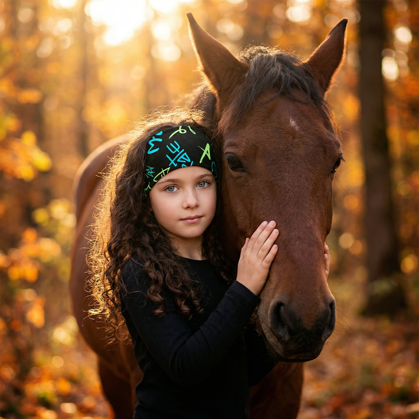 Mädchen mit schwarzem Wollhuhn-Stirnband streichelt Pferd im Herbstwald, betont Handarbeit und Vielseitigkeit des elastischen, zweilagigen Bio-Jersey-Stirnbands.