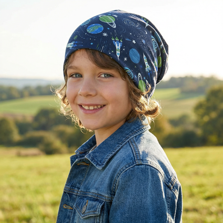Kind in einem Feld trägt Wollhuhn Öko Shorties, eine handgefertigte, zweilagige Wendemütze mit Weltraummotiv, ideal für aktive Kinder, gefertigt aus weichem Öko-Jersey.