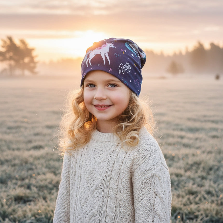 Mädchen trägt Wollhuhn Öko Shorties Wendemütze, zweilagig, mit Einhörnern, in frostiger Landschaft. Handgemacht und dehnbar, ideal für aktive Kinder.