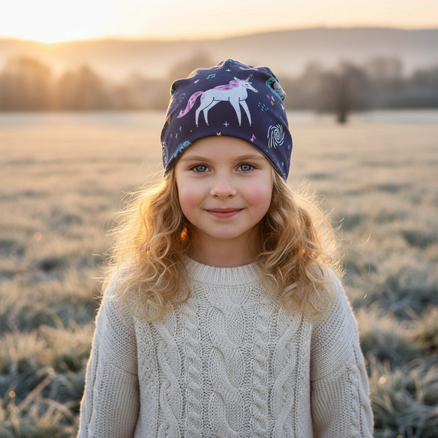 Kind mit blonder, welliger Haaren trägt Wollhuhn Öko Long Beanie mit Einhorn-Motiv in dunklem Blau. Ideal für stilvollen, komfortablen Schutz bei mildem Wetter.