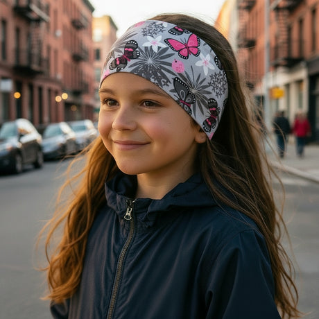 Mädchen trägt Wollhuhn Elastisches Öko Stirnband mit Schmetterlingen, ideal für Outdoor-Aktivitäten. Handgemacht, weich und vielseitig, passend für Kinder und Erwachsene.