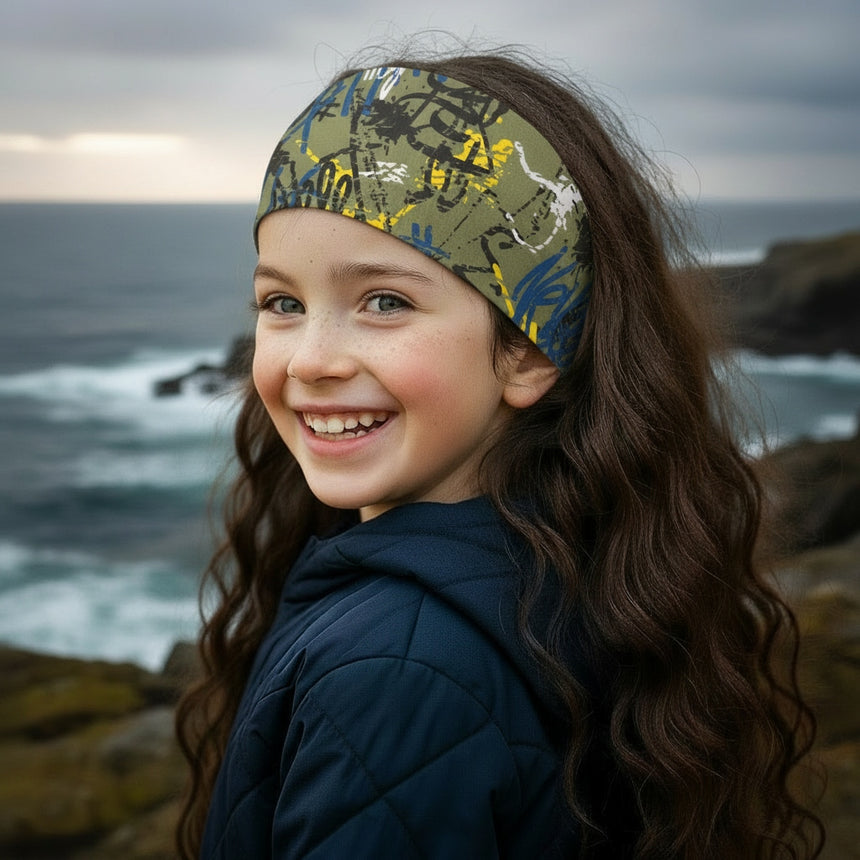 Mädchen am felsigen Küstenabschnitt trägt Wollhuhn Elastisches Öko Stirnband, Jersey zweilagig, perfekt für Outdoor-Aktivitäten, handgefertigt aus Bio-Baumwolle, ideal für Wind und Wetter.