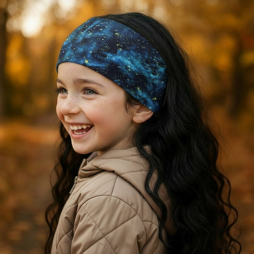 Kind trägt Wollhuhn Elastisches Öko Stirnband/Haarband Jersey, zweilagig, breit, Space Blau/Grün; ideal für Herbst, handgemacht in Deutschland, aus weicher, atmungsaktiver Bio-Baumwolle.