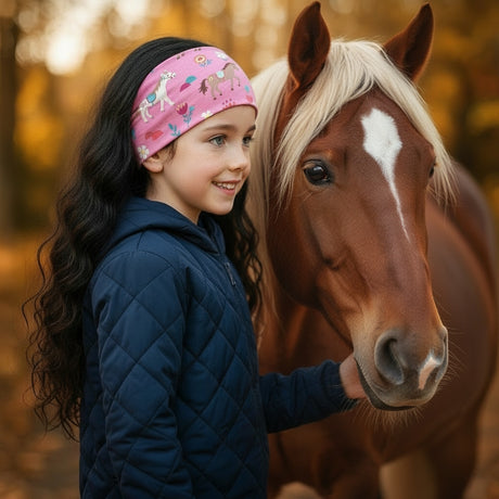 Mädchen trägt Wollhuhn Elastisches Öko Stirnband Pony/Pferde Rosa, hält Pferd im Herbstwald. Stirnband aus Bio-Baumwolle, handgemacht, weich, vielseitig.