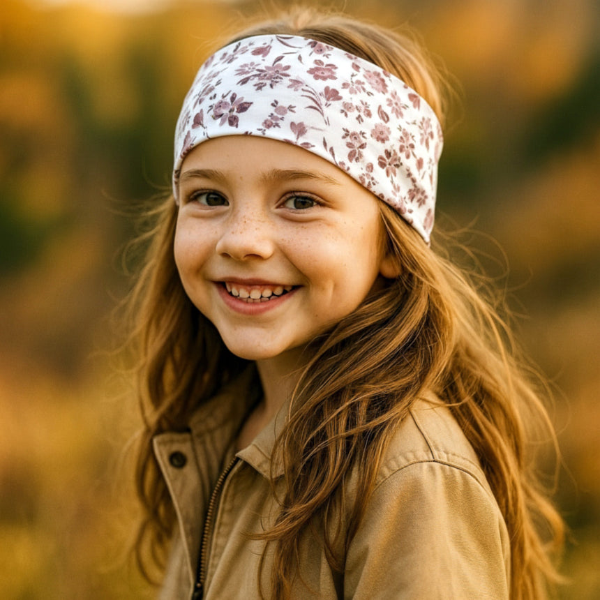 Junges Mädchen trägt Wollhuhn Elastisches Öko Stirnband / Haarband Jersey Zweilagig Breit Blumen Weiß/Altrosa, lächelnd, mit langem Haar und Zahnlücken, vor herbstlicher Kulisse.