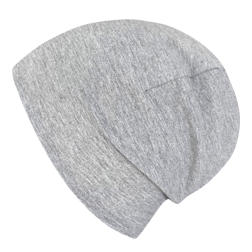 Wollhuhn Öko Shorties Wendemütze, zweilagig, aus grauem Baumwolljersey, dehnbar und formbeständig, ideal für Kinder, ganzjähriger Einsatz.