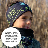 Wollhuhn Elastisches Öko Stirnband / Haarband Jersey Zweilagig Breit Coole Skulls Anthrazit/Lime