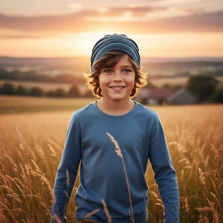 Junge mit Wollhuhn Öko Shorties Beanie in goldenem Feld bei Sonnenuntergang, lächelt; Mütze ist handgemacht, bequem und mitwachsend, ideal für aktive Kinder.