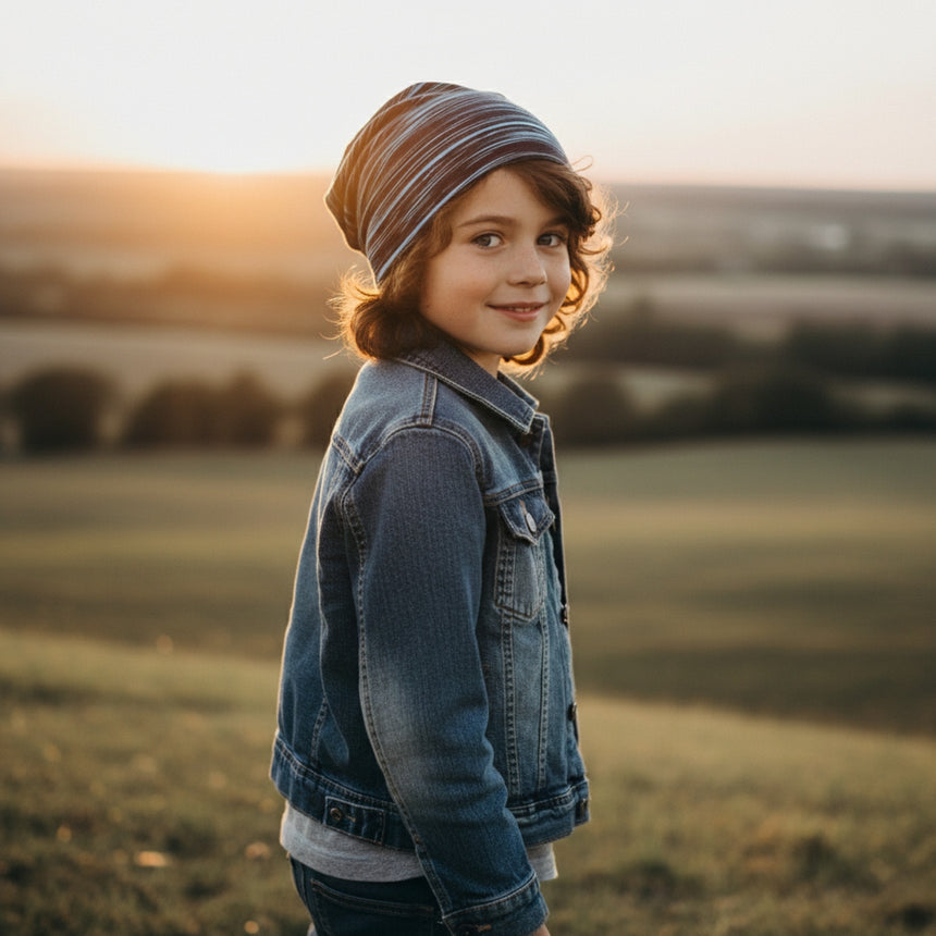 Kind im Freien, trägt eine Wollhuhn Öko Long Beanie / Wendemütze in Schwarz/Türkis, aus Öko-Jersey, lässig geschnitten, ideal für Übergangszeiten.