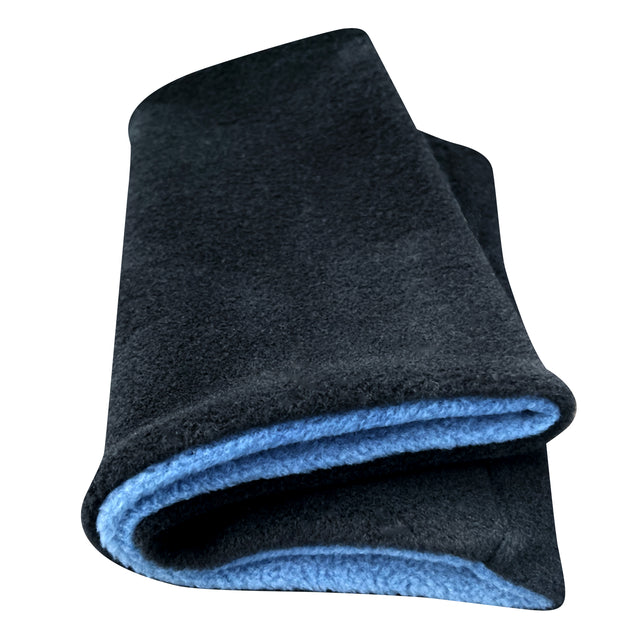 Wollhuhn WINTER Halstuch/Schlupfschal „Unser Wärmster“ aus doppellagigem Fleece in Schwarz/Jeansblau, handgemacht und wendbar, ideal für Kinder und Erwachsene.