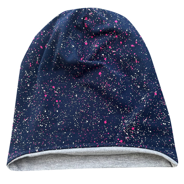 Wollhuhn Öko Long Beanie, Wendemütze: Zweilagig, blau-grau mit rosa Sprenkeln, aus weichem Baumwolljersey. Handgefertigt in Deutschland, ideal für Kinder und Jugendliche.
