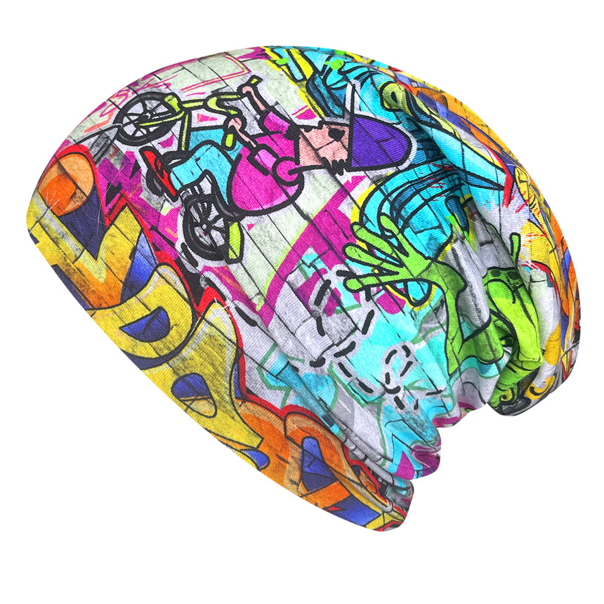 Wollhuhn Öko Long Beanie/Wendemütze, bunte Streetart/Graffiti, zweilagig, nachhaltig hergestellt. Bequem und wendbar, ideal für Kinder und Jugendliche, mit handgefertigter Qualität.