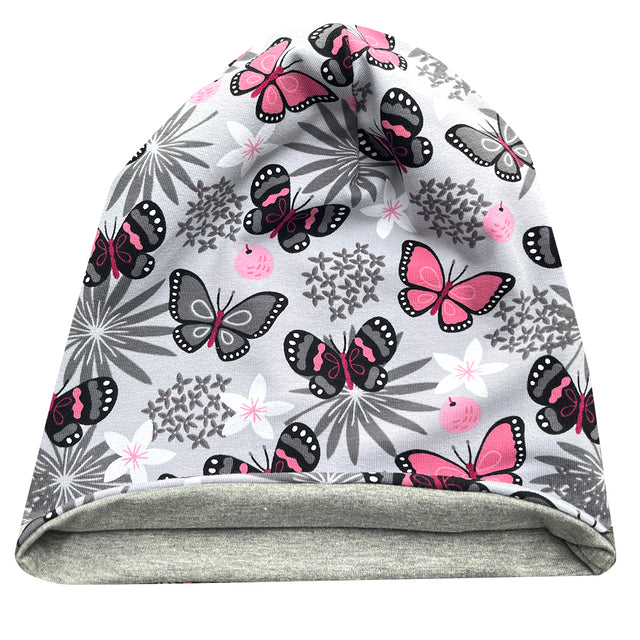 Wollhuhn Öko Long Beanie / Wendemütze, zweilagig mit Schmetterlingsmotiv, aus weichem Baumwolljersey, ideal für Kinder, handgefertigt in Deutschland, grau/rosa.
