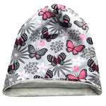 Wollhuhn Öko Long Beanie / Wendemütze, Ganzjährig, Zweilagig, Schmetterlinge Grau/Rosa