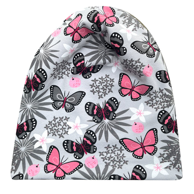 Wollhuhn Öko Long Beanie, Wendemütze mit Schmetterlingsmuster, zweilagig und dehnbar, ideal für ganzjähriges Tragen; handgefertigt aus weichem Öko-Jersey.
