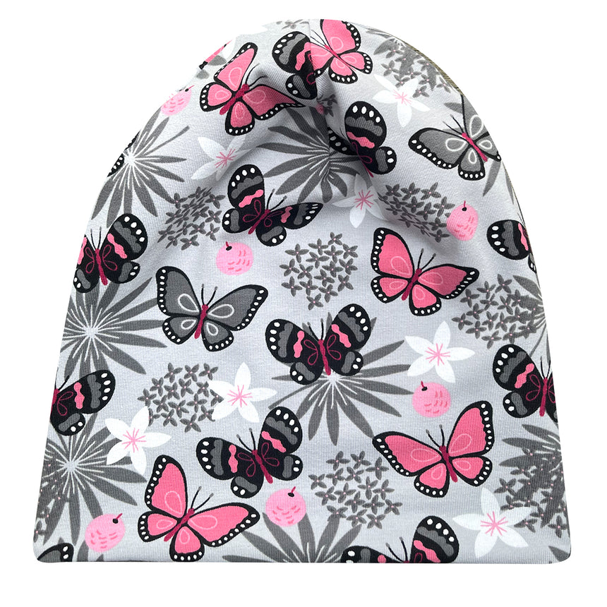 Wollhuhn Öko Long Beanie, Wendemütze mit Schmetterlingsmuster, zweilagig und dehnbar, ideal für ganzjähriges Tragen; handgefertigt aus weichem Öko-Jersey.