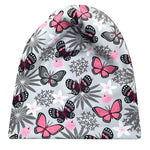 Wollhuhn Öko Long Beanie / Wendemütze, Ganzjährig, Zweilagig, Schmetterlinge Grau/Rosa