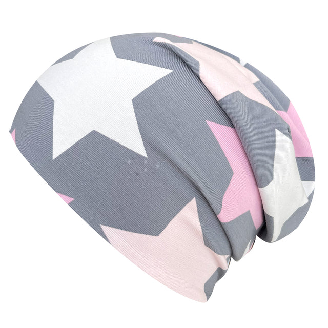 Wollhuhn Öko Long Beanie / Wendemütze, zweilagig mit weißen Sternen. Bequem, formbeständig, aus weichem Baumwolljersey, ideal für Kinder und Jugendliche, ganzjährig tragbar.