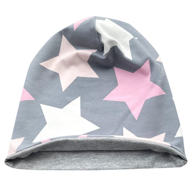 Wollhuhn Öko Long Beanie, zweilagig, mit grauem und pinkem Design und großen Sternen, aus weichem Baumwolljersey, ideal für Kinder, ganzjährig tragbar.