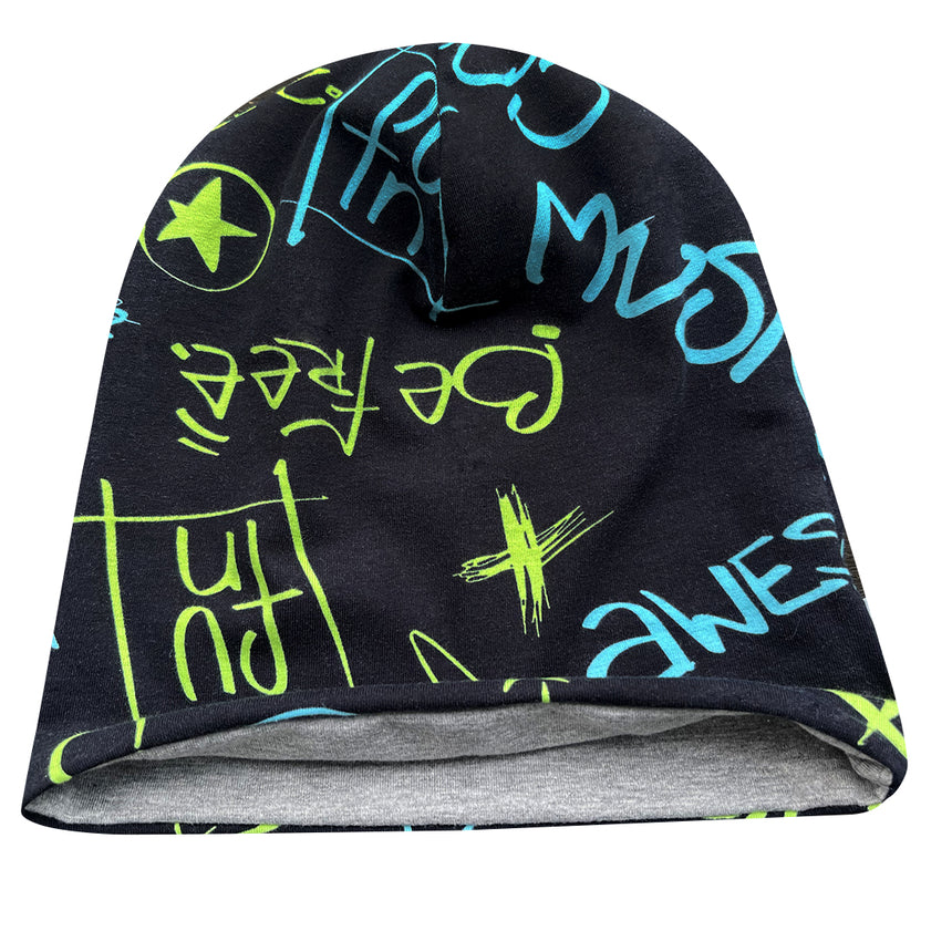 Wollhuhn Öko Long Beanie / Wendemütze mit blau-grünem Schriftzug, zweilagig, aus weichem Baumwolljersey, geeignet für Kinder und Erwachsene, bequem und ganzjährig tragbar.