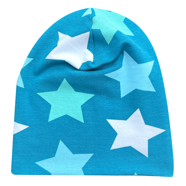 Wollhuhn Öko Long Beanie / Wendemütze mit weißen Sternen, aus zweilagigem Baumwolljersey, ideal für Kinder und Jugendliche, bietet ganzjährigen Komfort und Langlebigkeit.