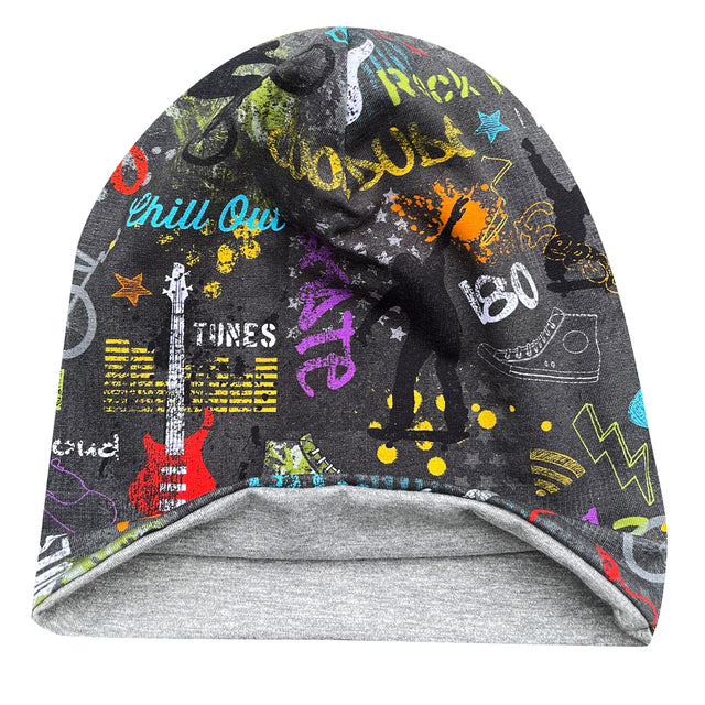 Wollhuhn Öko Long Beanie: Graue Wendemütze mit buntem Design, zweilagig, weich und formbeständig, ideal für Kinder, handgefertigt in Deutschland.