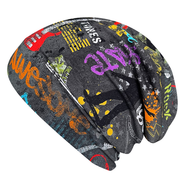 Wollhuhn Öko Long Beanie mit buntem Graffiti, zweilagig und wendbar, handgefertigt aus weichem Jersey, ideal für Kinder, hält warm und sitzt bequem.