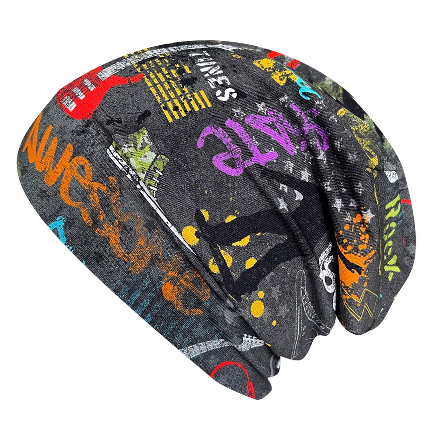 Wollhuhn Öko Long Beanie mit buntem Graffiti, zweilagig und wendbar, handgefertigt aus weichem Jersey, ideal für Kinder, hält warm und sitzt bequem.