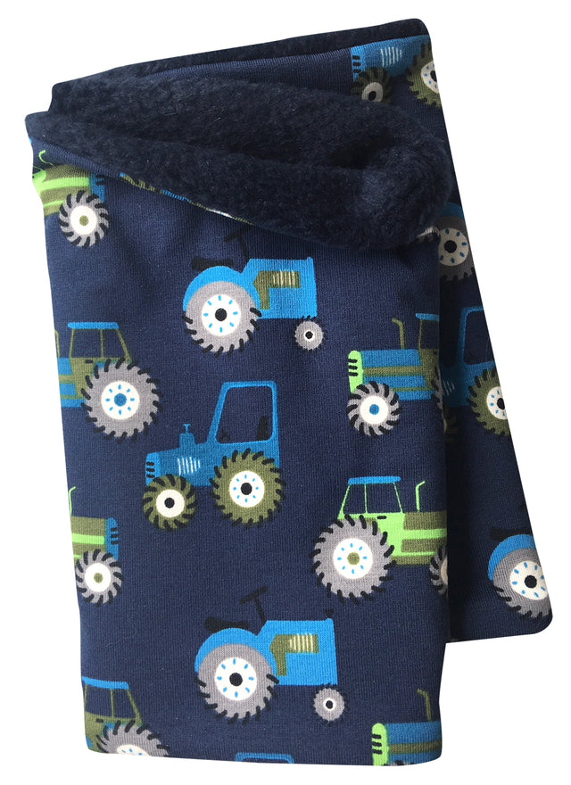 Wollhuhn Halstuch / Schlupfschal / Loop WARM mit Traktor-Muster. Handgefertigt, dunkelblau, doppellagig mit Fleece-Innenfutter, ideal für kalte Tage.