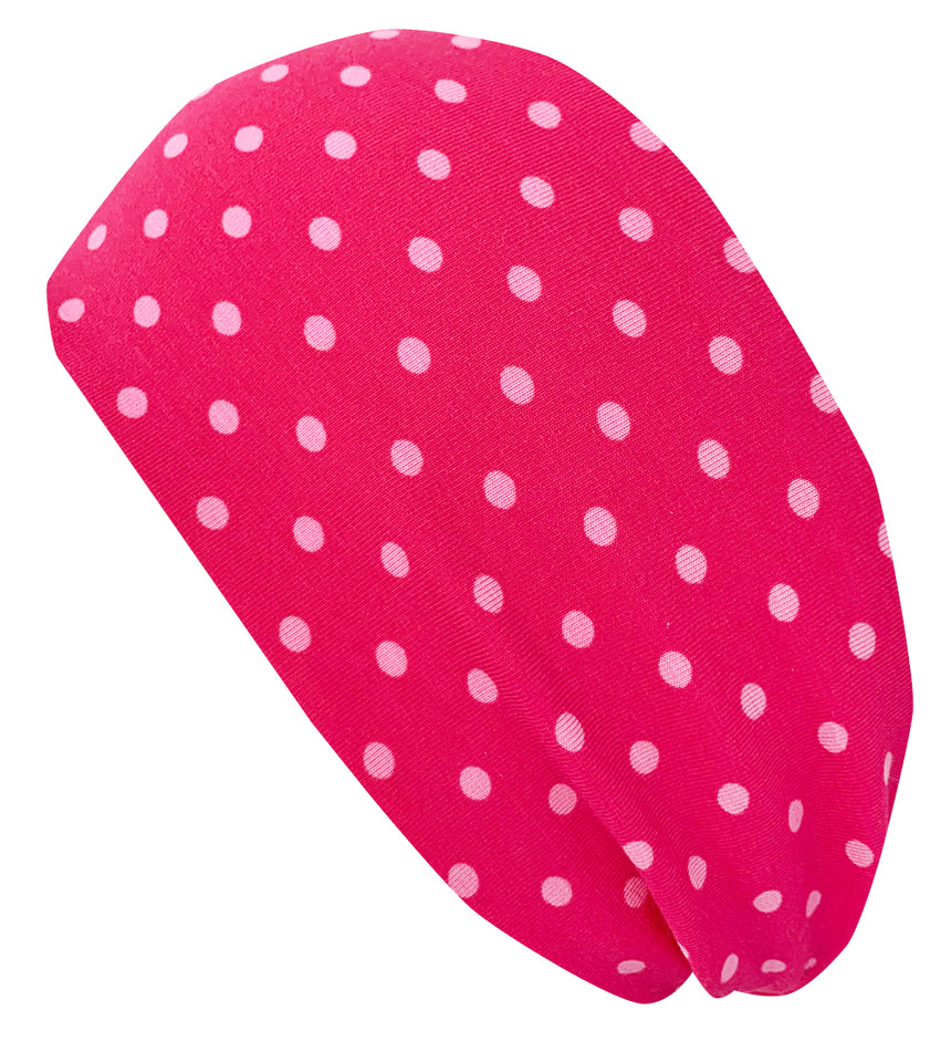 Wollhuhn Elastisches Öko Stirnband mit weißen Punkten, handgefertigt aus weichem Bio-Jersey, vielseitig als Stirn- oder Haarband tragbar, ideal für aktive Kinder und Erwachsene.