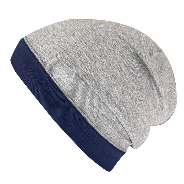 Wollhuhn Öko Long Beanie, zweilagig, grau-blau, aus weichem Baumwolljersey. Formbeständig, pflegeleicht, wendbar, ideal für Kinder, ganzjährig tragbar.