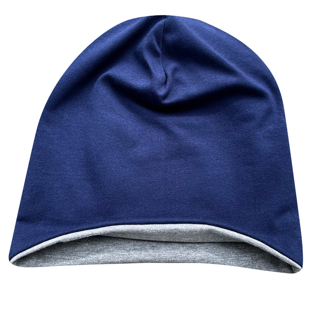 Wollhuhn Öko Long Beanie / Wendemütze in Dunkelblau, zweilagig, aus weichem Jersey. Beanie mit grauem Futter, längerer Schnitt, ideal für Kinder.
