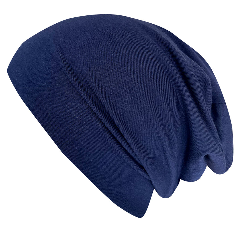Wollhuhn Öko Long Beanie, zweilagig und wendbar, aus weichem Jersey, dunkelblau. Handgenäht, formbeständig, ideal für Kinder, hält warm und sitzt locker.