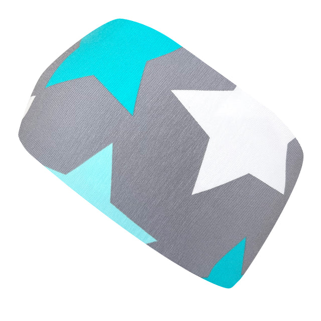 Wollhuhn Elastisches Öko Stirnband/Haarband, zweilagig, mit grauen und mintfarbenen Sternen auf weißem Hintergrund, ideal für vielseitige Nutzung und handgemacht in Deutschland.