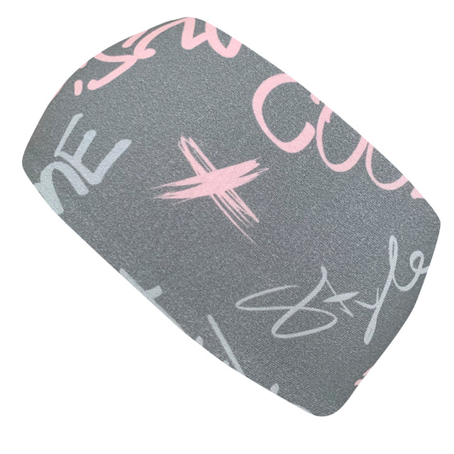 Wollhuhn Elastisches Öko Stirnband/Haarband Jersey Zweilagig Breit Cool Music Grau/Rosa, handgemacht, weich, dehnbar, ideal für Sport und Freizeitaktivitäten.