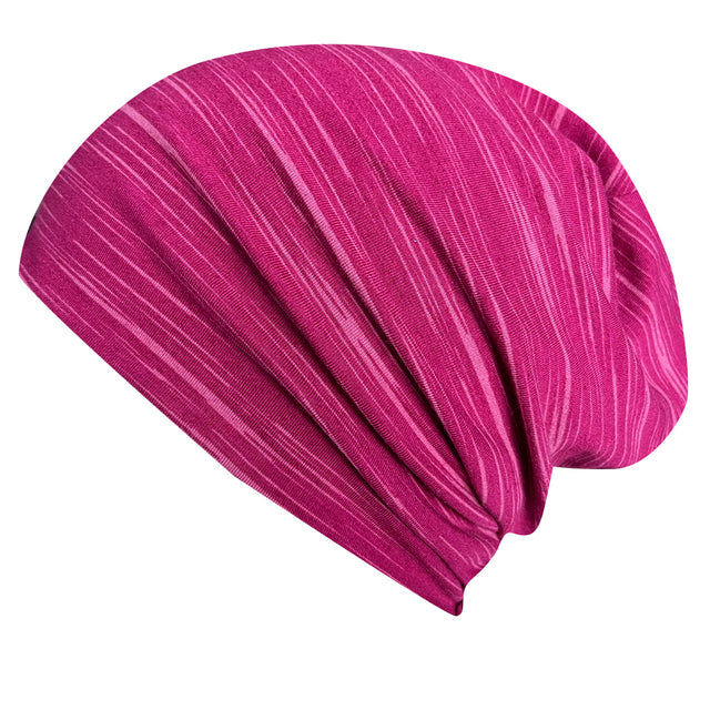 Wollhuhn Öko Long Beanie / Wendemütze, zweilagig, aus weichem Baumwolljersey, pink mit weißen Streifen, ideal für ganzjähriges Tragen, handgefertigt in Deutschland.