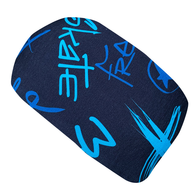 Wollhuhn Elastisches Öko Stirnband/Haarband Jersey Zweilagig Breit Cool Music Blau, handgemacht aus weicher Bio-Baumwolle, ideal für vielseitige Nutzung und komfortables Tragen.